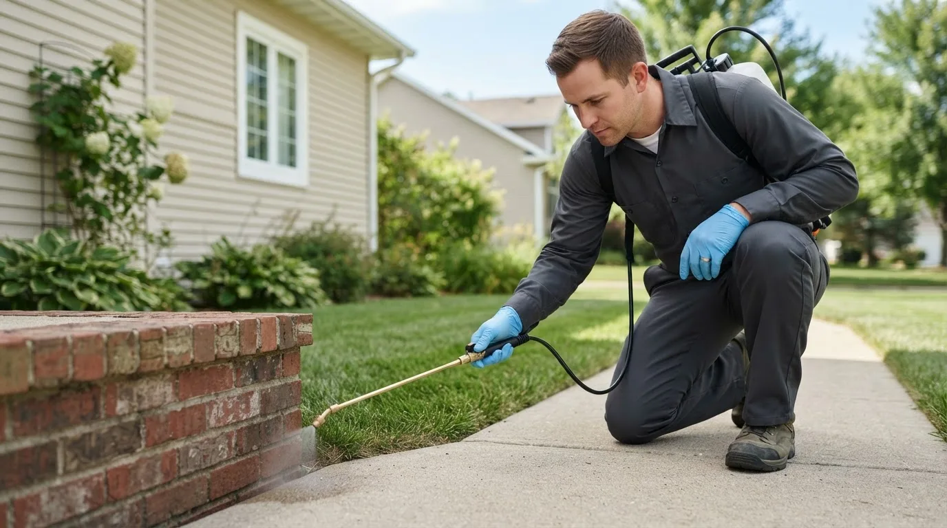 Pest control technician treating a home near Bloomingdale, NJ